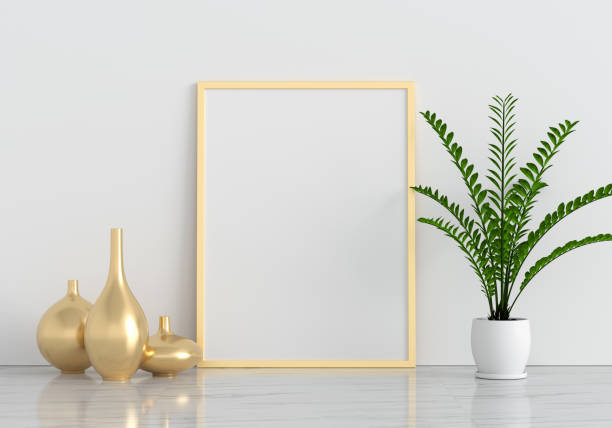 Golden blank photo frame for mockup on floor, 3D rendering
