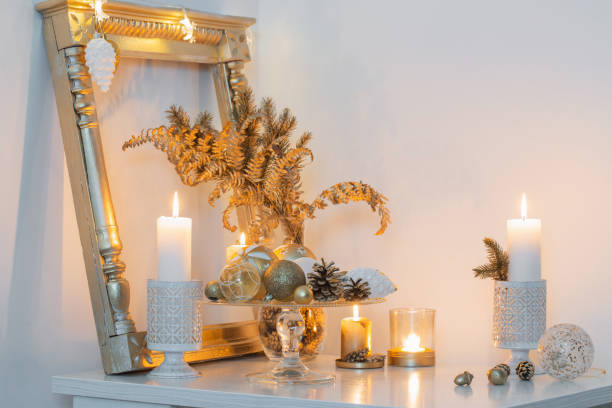 istock Christmas golden decor in white interior 1191707190