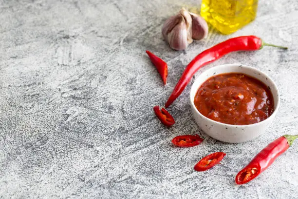 ketchup with hot chili pepper and garlic on a gray concrete background with copy space