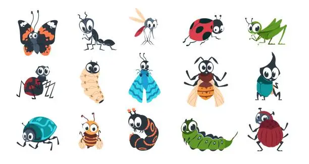 Vector illustration of Cute insects. Cartoon funny colorful bugs bees hornet butterfly caterpillar spider with cute faces for vector children illustration