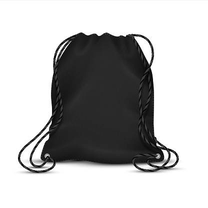 Realistic drawstring bag. Black sport backpack template with ropes, blank accessory rucksack. Vector isolated template polyester or nylon sport packs with string for school shoe