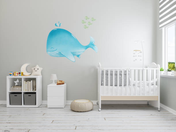 interior do berçário com papel de parede da baleia na parede - quarto de bebê - fotografias e filmes do acervo