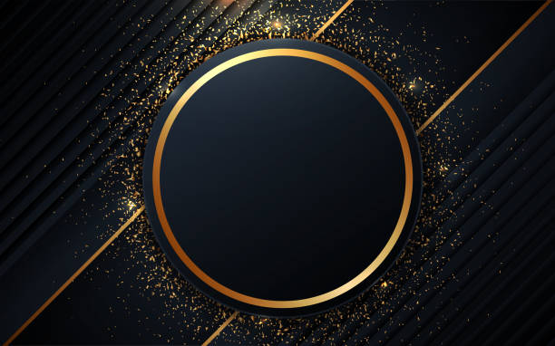 Luxury dark blue circle shapes background with golden decoration Vector design for use frame, cover, card, banner, invitation science and technology abstract background stock illustrations