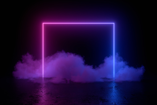 3d abstract background with neon lights, empty frame, cosmic landscape glowing lines with smoke on black background. purple and blue colors. Ultraviolet light.
