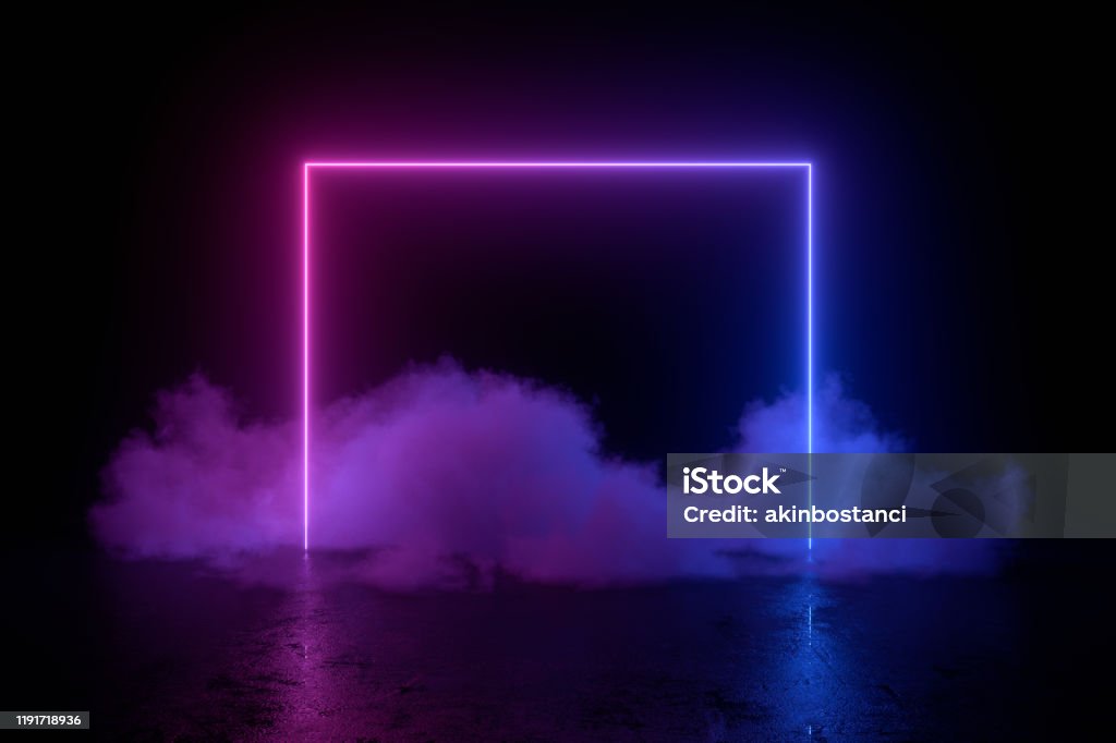 3d abstract background with ultraviolet neon lights, empty frame, cosmic landscape, glowing tunnel door with smoke 3d abstract background with neon lights, empty frame, cosmic landscape glowing lines with smoke on black background. purple and blue colors. Ultraviolet light. Neon Lighting Stock Photo