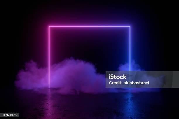 3d Abstract Background With Ultraviolet Neon Lights Empty Frame Cosmic Landscape Glowing Tunnel Door With Smoke Stock Photo - Download Image Now