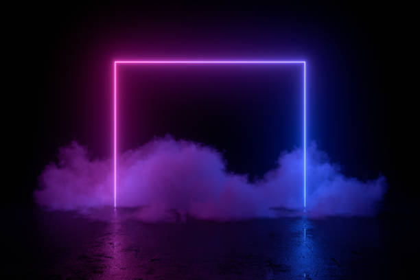 3d абстрактный фон с ультрафиолетовыми неоновыми огнями, пустой рамой, космическим пейзажем, светящейся дверью туннеля с дымом - lights and fog стоковые фото и изображения