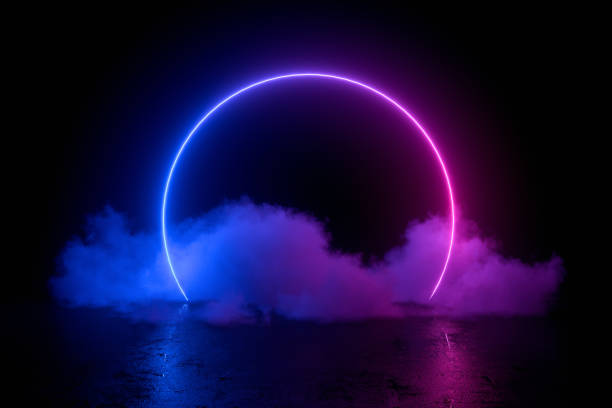 Photo of 3d abstract background with ultraviolet neon lights, empty frame, cosmic landscape, glowing tunnel door with smoke