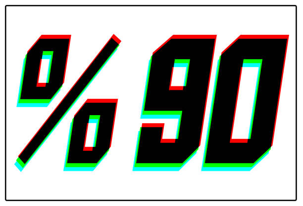 %90 Discount text. Dynamic, split-color design and unique font, shadow of  number blue, green, red. in black thin frame and on white background.