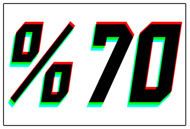 istock %70  Discount text. Dynamic, split-color design and unique font, shadow of  number blue, green, red. in black thin frame and on white background. 1191721514