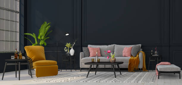istock Decorative backdrop of a room at home, office and hotel. Modern sofa interior design and bright modern interior details against the background of a wall and a window. 1191721520