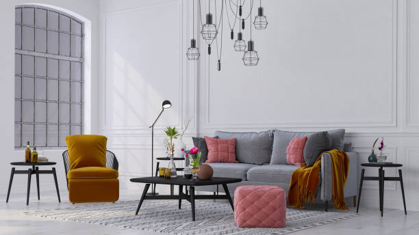 istock Decorative backdrop of a room at home, office and hotel. Modern sofa interior design and bright modern interior details against the background of a wall and a window. 1191721524