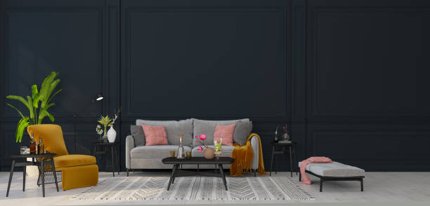 istock Decorative backdrop of a room at home, office and hotel. Modern sofa interior design and bright modern interior details against the background of a wall and a window. 1191721534