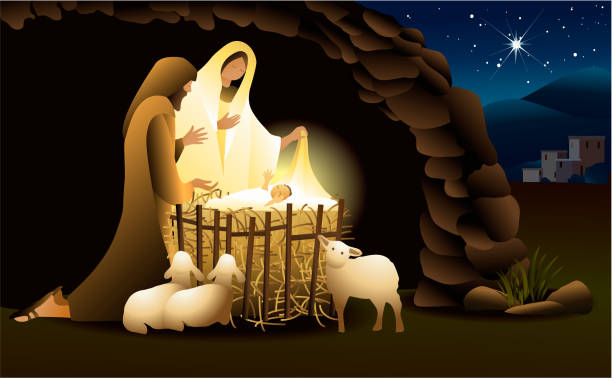 Nativity scene with Holy Family Christmas background with Holy Family nativity scene stock illustrations