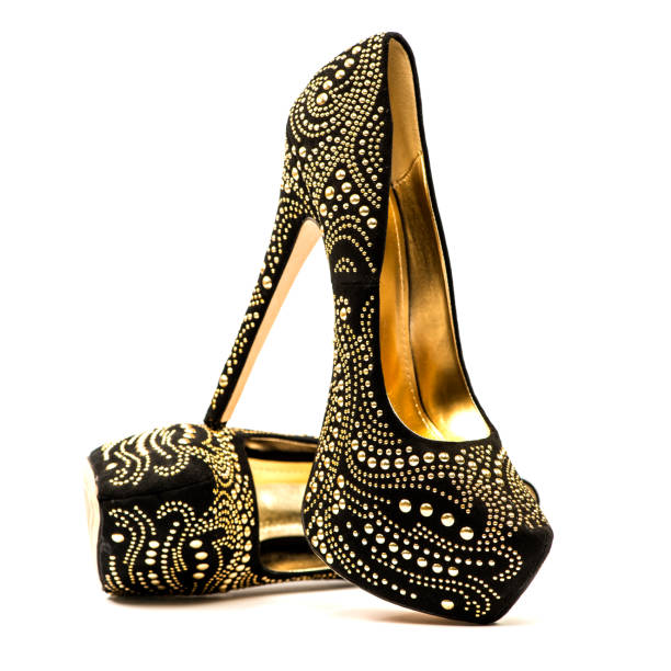 high heels shoes with inner platform and golden rhinestones - stiletto pump shoe shoe high heels imagens e fotografias de stock