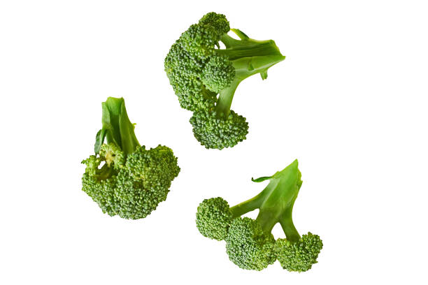 istock Three branches of fresh green broccoli isolated on white background without shadow. Top view 1191724478