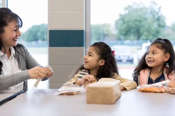 Photo of Teacher helps elementary students during lunch