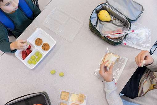 A high angle view of two boys eating their healthy lunches in the elementary school cafeteria.