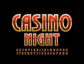 Vector Red and Golden sign Casino Night with Elegant Alphabet Letters and Numbers