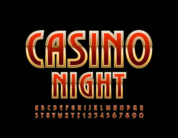 Vector Red and Golden sign Casino Night with Elegant Alphabet Letters and Numbers Luxury shiny Font casino stock illustrations