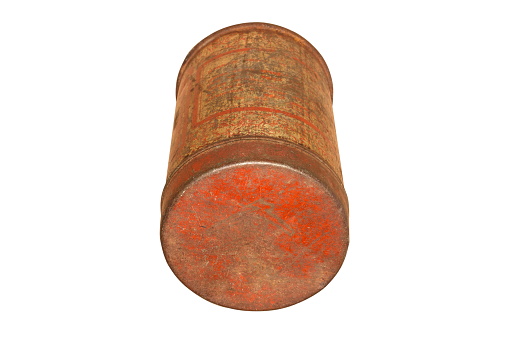 Image of a rusty cocoa can on a white