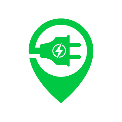 Logo for Electric car chargering station with plug icon inside location point symbol. Green charging point logotype. Vector illustration. EPS 10