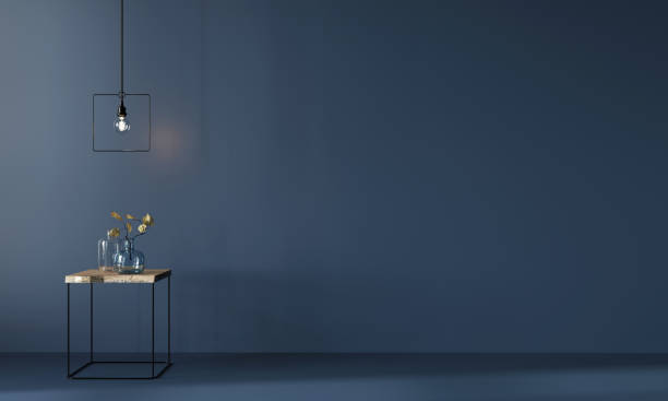 Monochrome dark blue interior with minimalistic wooden table