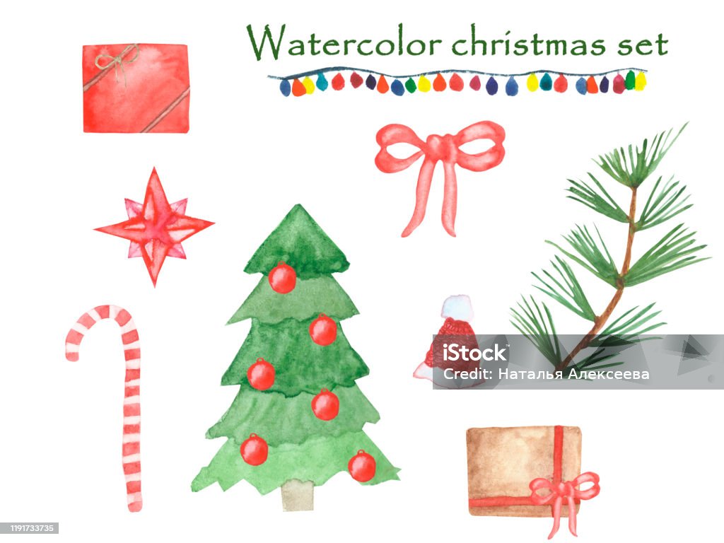 Vetores de Aquacolor Mão Pintada De Natal Celebração Do Feriado De Inverno  Conjunto Com Multicolor Garland Árvore De Natal Verde Ramo De Abeto  Brinquedos Bola Vermelha Arco Conjunto De Papai Noel Estrela