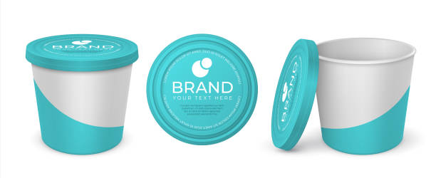Yoghurt container. Realistic mockup blank and with company label, melted cheese margarine spread or butter vector package Yoghurt container. Realistic mockup blank and with company label, melted cheese margarine spread or butter vector package. White-blue plastic or carton round open containers with lid for dessert spreading cheese stock illustrations