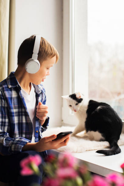 istock Young boy and cat sitting by the window 1191733926