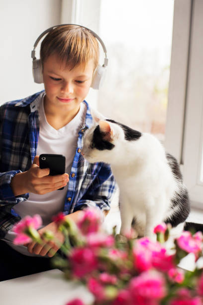 istock Young boy and cat sitting by the window 1191734014