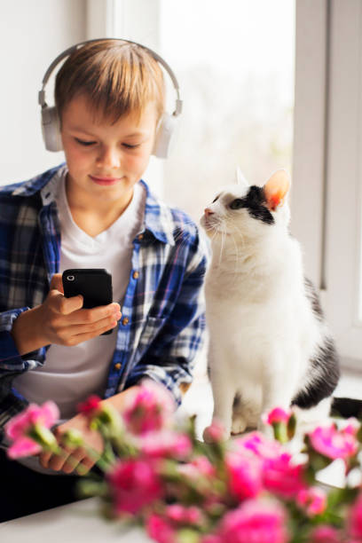 istock Young boy and cat sitting by the window 1191734089