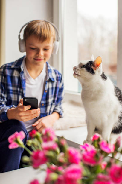 istock Young boy and cat sitting by the window 1191734094
