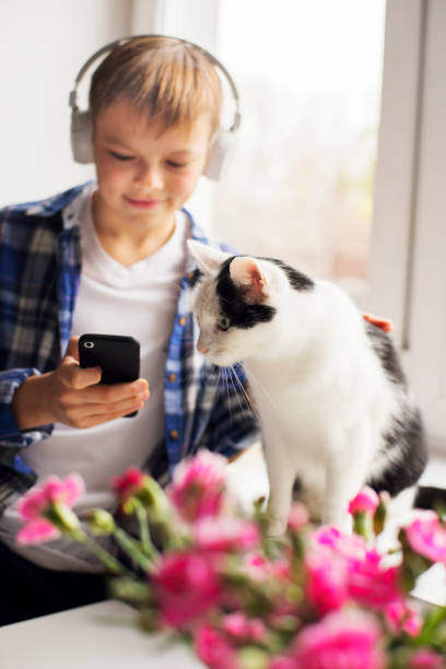 istock Young boy and cat sitting by the window 1191734162