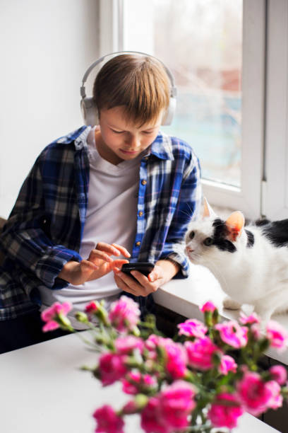 istock Young boy and cat sitting by the window 1191734239