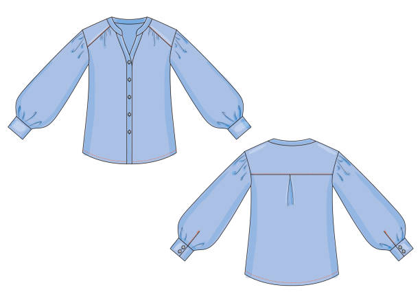 farbe mode technische skizze der bluse mit manschetten in vektorgrafik - blusen stock-grafiken, -clipart, -cartoons und -symbole