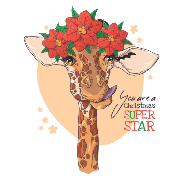 istock Hand drawn portrait of giraffe with Christmas flowers Vector. 1191736150