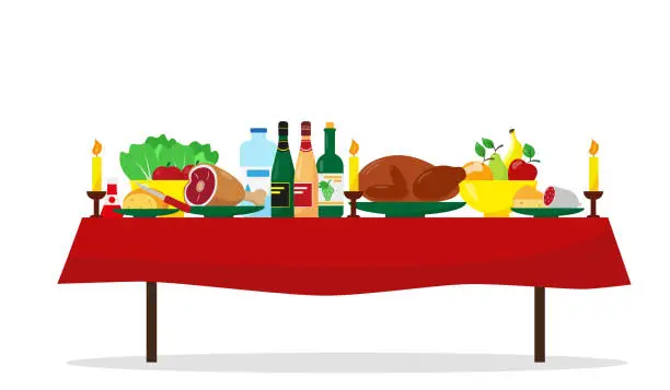 Vector illustration of Christmas food on the table. Family holiday dinner table. Vector illustration.