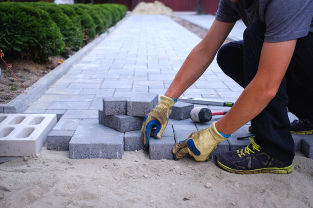 the master in yellow gloves lays paving stones - paralelepípedo imagens e fotografias de stock