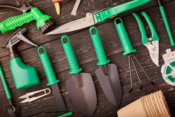 istock Gardening tools on wooden background flat lay 1191740060