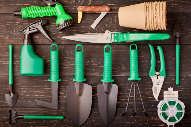 istock Gardening tools on wooden background flat lay 1191740073