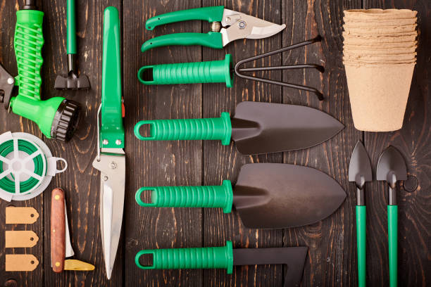 istock Gardening tools on wooden background flat lay 1191740077