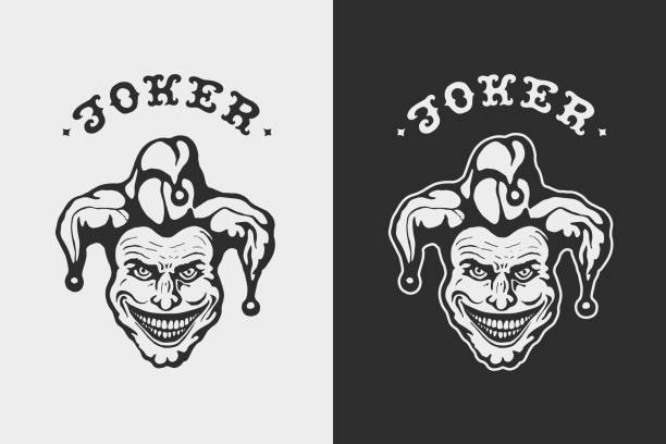 lachender kopf joker. handwerk retro-grafik-design. - jester circus gambling bizarre stock-grafiken, -clipart, -cartoons und -symbole