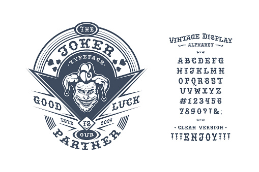Font Joker. Hand crafted retro typeface design. Handmade lettering. Vintage display alphabet. Vector graphic illustration old badge label logo template.