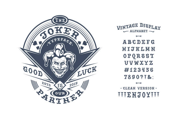 Display hand crafted vintage Font Joker. Letters and number Font Joker. Hand crafted retro typeface design. Handmade lettering. Vintage display alphabet. Vector graphic illustration old badge label logo template. poker card tattoos stock illustrations