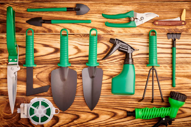 istock Gardening tools on wooden background flat lay 1191740335