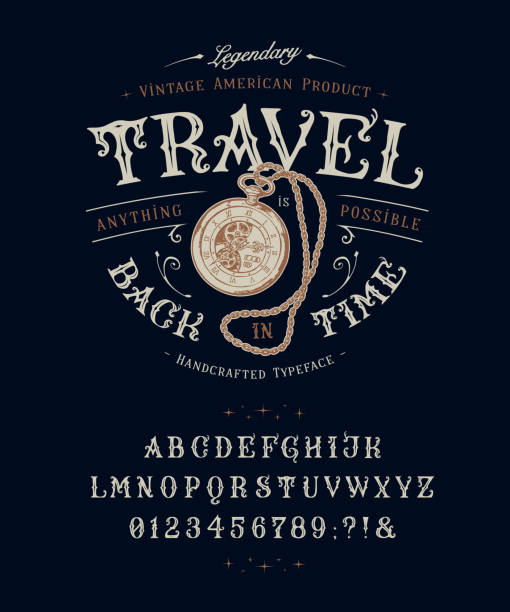 Font Travel Back in Time. Vintage letters, numbers Font Travel Back in Time. Craft retro vintage typeface design. Graphic display alphabet. Historic style letters. Latin characters and numbers. Vector illustration. Old badge, label, logo template. clock borders stock illustrations