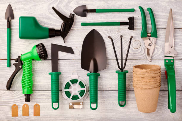 istock Gardening tools on wooden background flat lay 1191740529