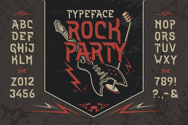 illustrations, cliparts, dessins animés et icônes de font rock party. lettres d'art vintage pop, nombres - heavy metal