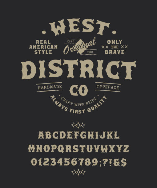 Font West District. Pop vintage letters, numbers Font West District. Craft retro vintage typeface design. Fashion graphic display alphabet. Pop modern vector letters. Latin characters numbers. Vector illustration old badge label logo tee template. pirate criminal illustrations stock illustrations